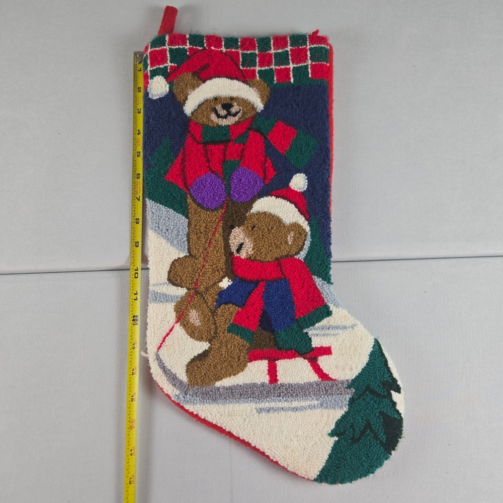 Vintage Teddy Bear Christmas Stocking Hooked Rug‎ Style Red Green Holiday Decor - Picture 3 of 5